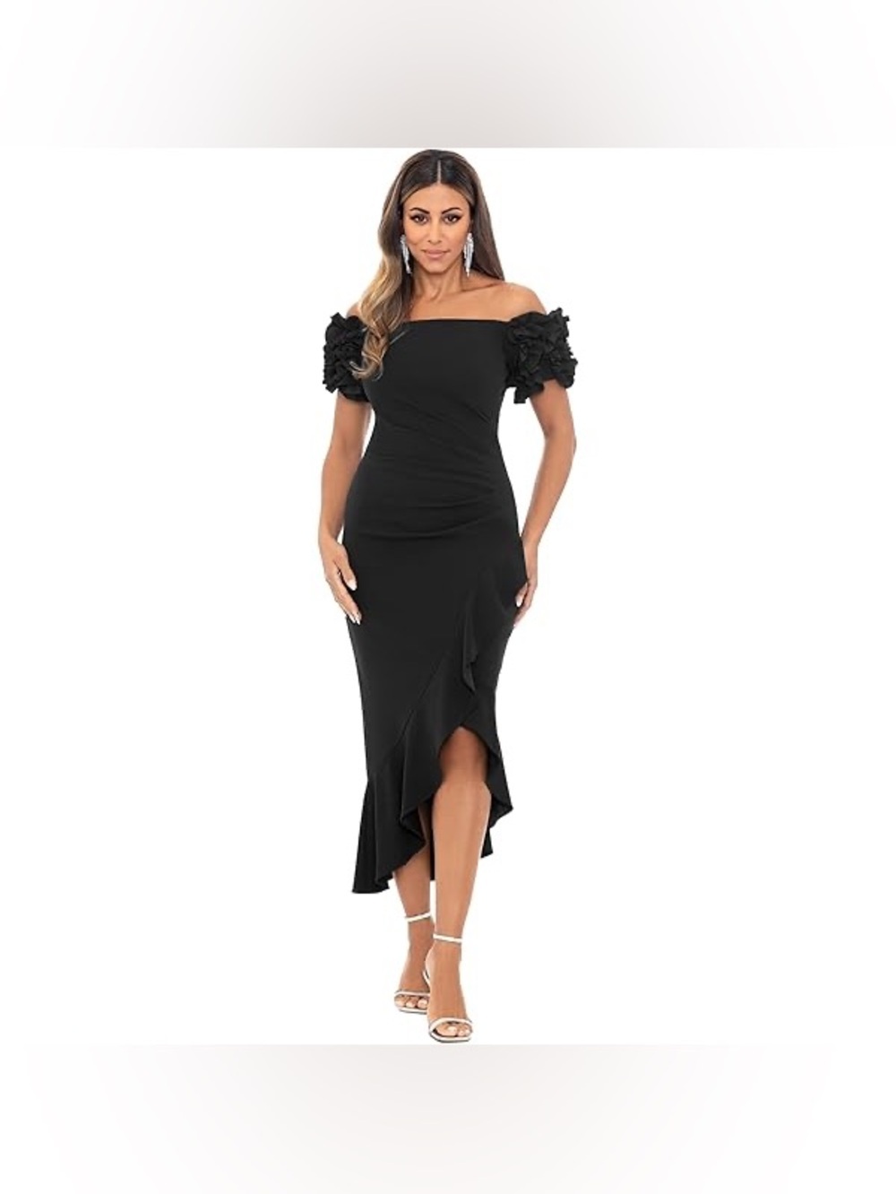 Xscape Womens Off The Shoulder Ruffle Sleeve Midi Dress